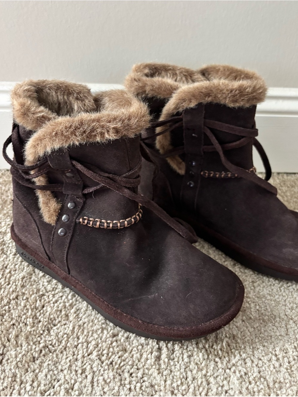 Skechers Brown Suede Faux Fur Ankle Boots Winter Boho Booties Size 7
